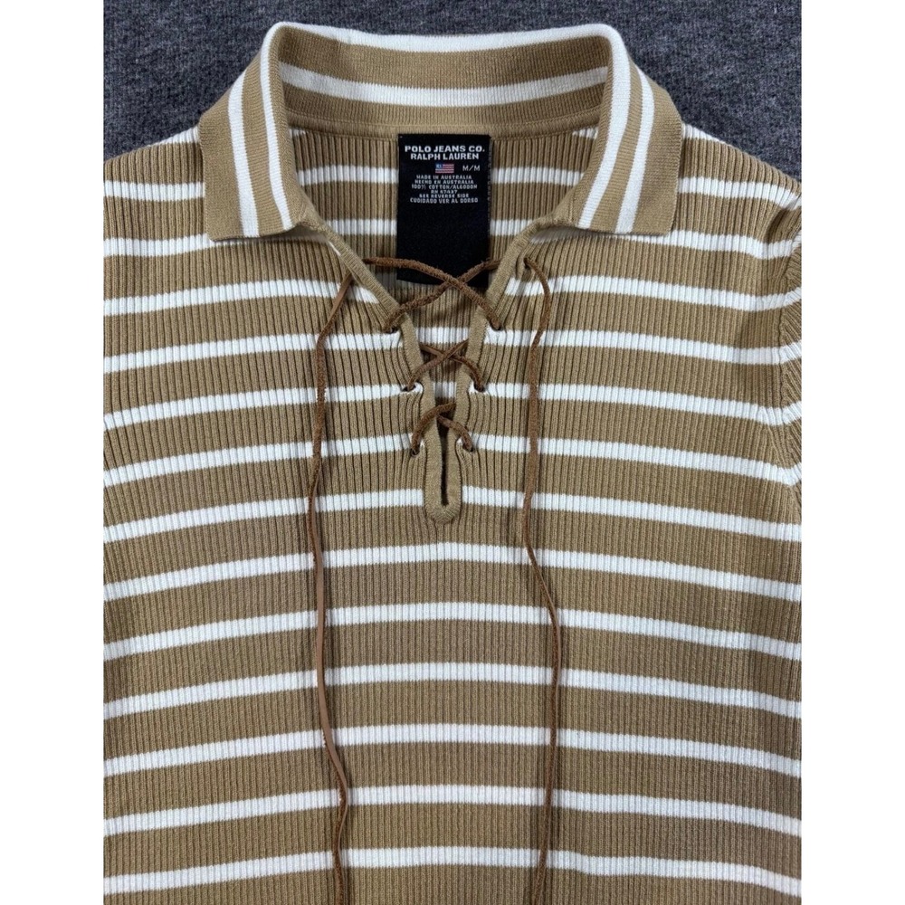 Polo Jeans Co Ralph Lauren Tan White Striped Lace Up Ribbed Knit Top Women M - Picture 4 of 6
